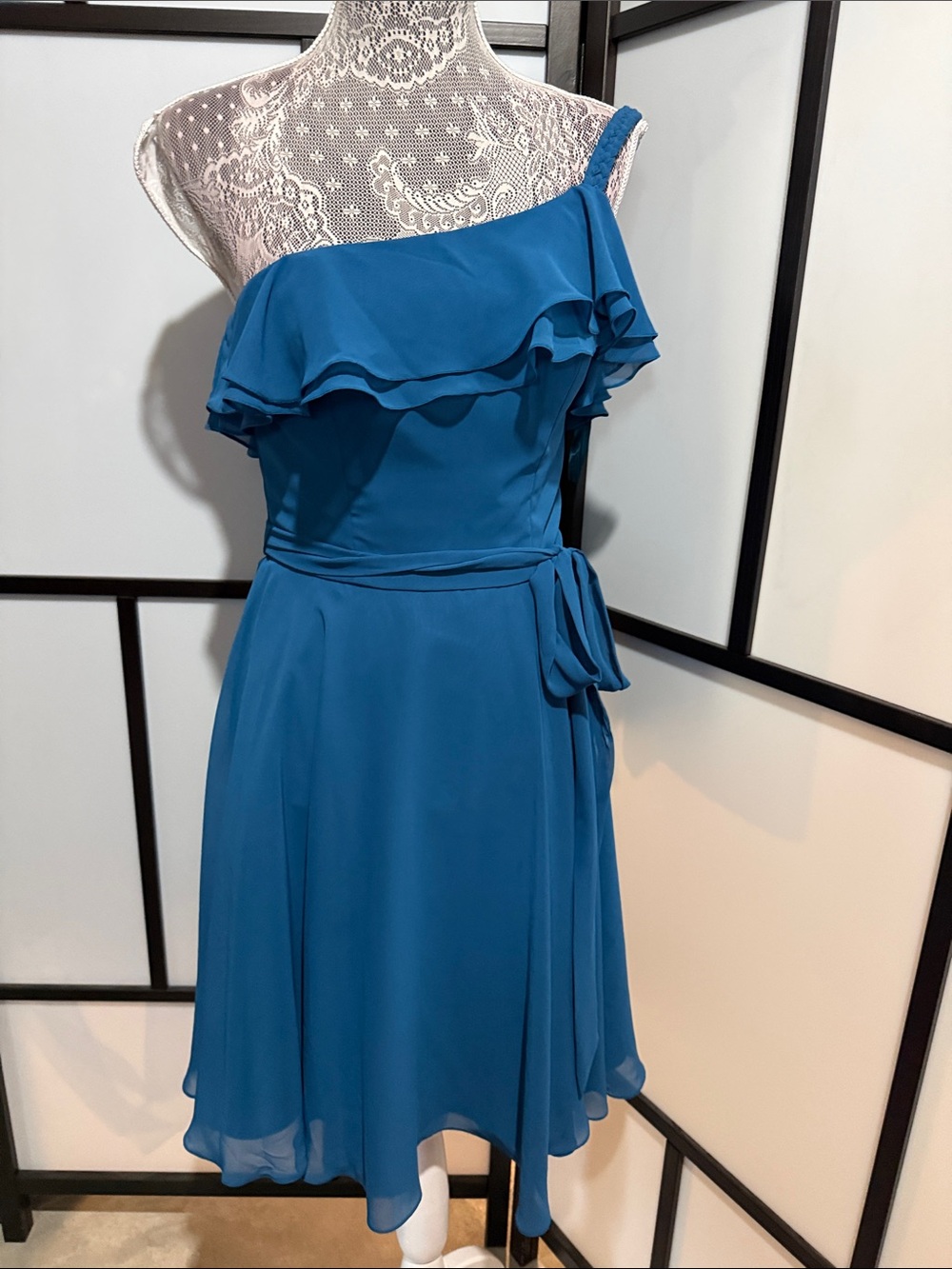 Mori Lee Teal One-Shoulder Ruffle A-Line Dress